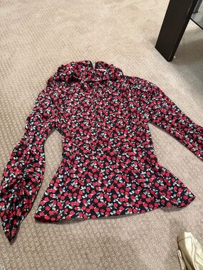 Zara Black Blouse with Red Rose Print and Green Leaves